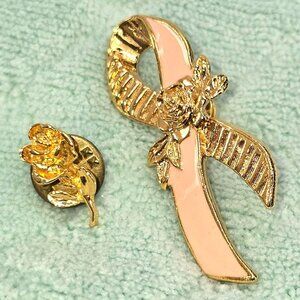 Gold & Peach Ribbon Awareness Pin With Rose and Gold Rose Lapel Pin Set JE360